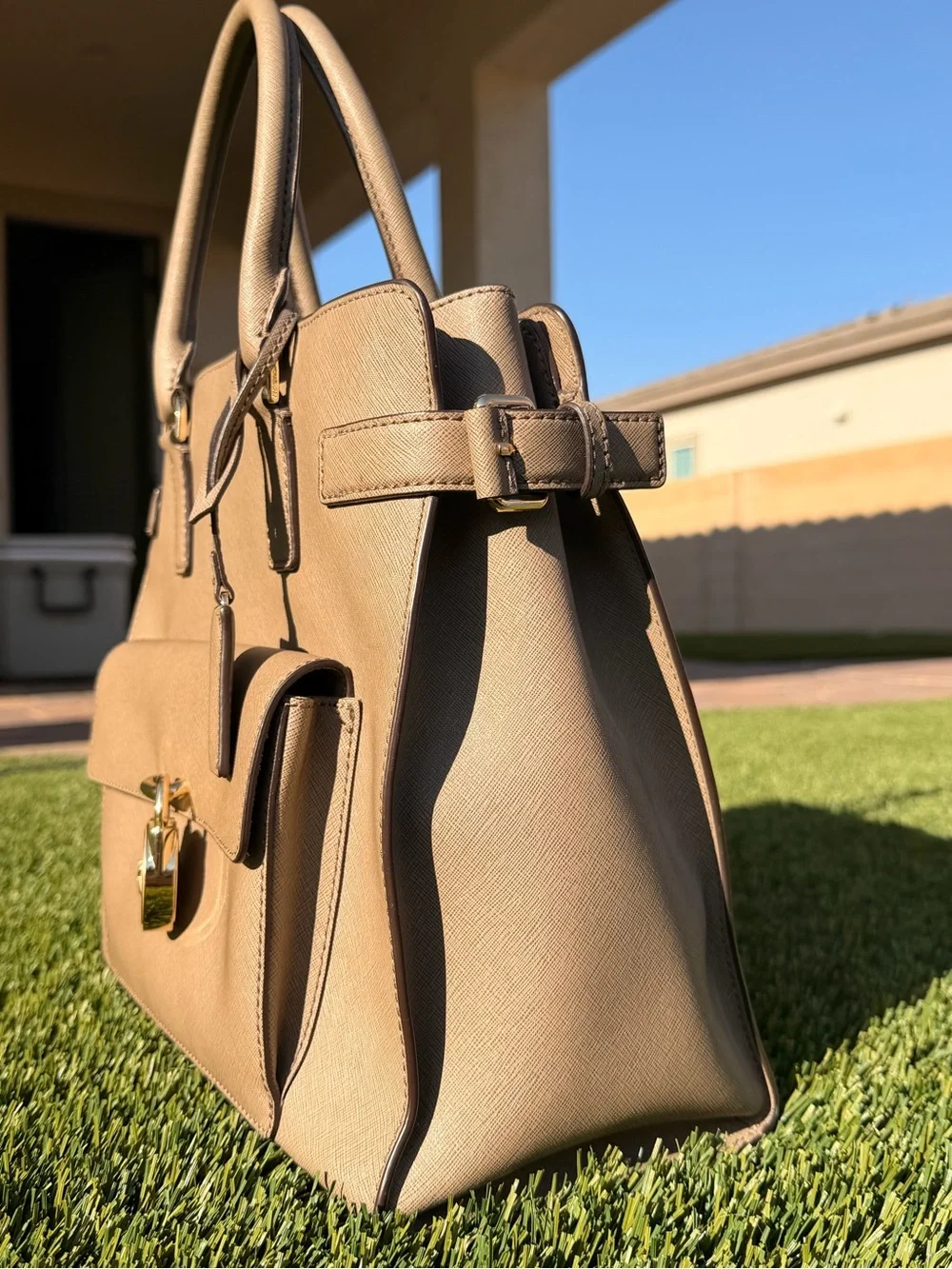 Michael Kors Taupe Saffiano Satchel with Gold Hardware